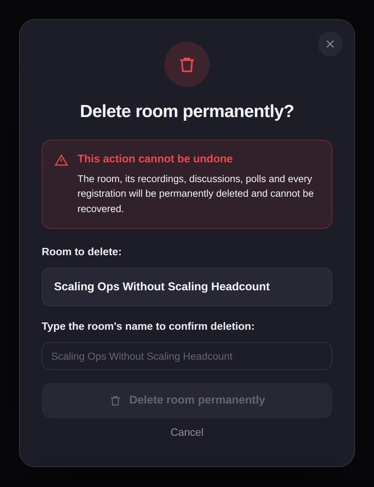 The Delete room permanently confirmation dialog showing a warning that this action cannot be undone, the room name, a text field requiring the room name to confirm, and Delete room permanently and Cancel buttons