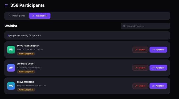The Waitlist sub-tab showing one person waiting for approval with a Pending Approval badge and Reject and Approve buttons