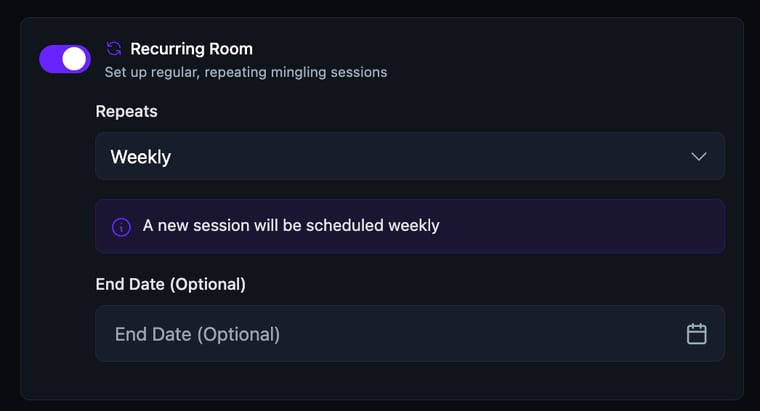 Recurring Room enabled with Repeats set to Weekly, a schedule confirmation message, and an optional End Date field