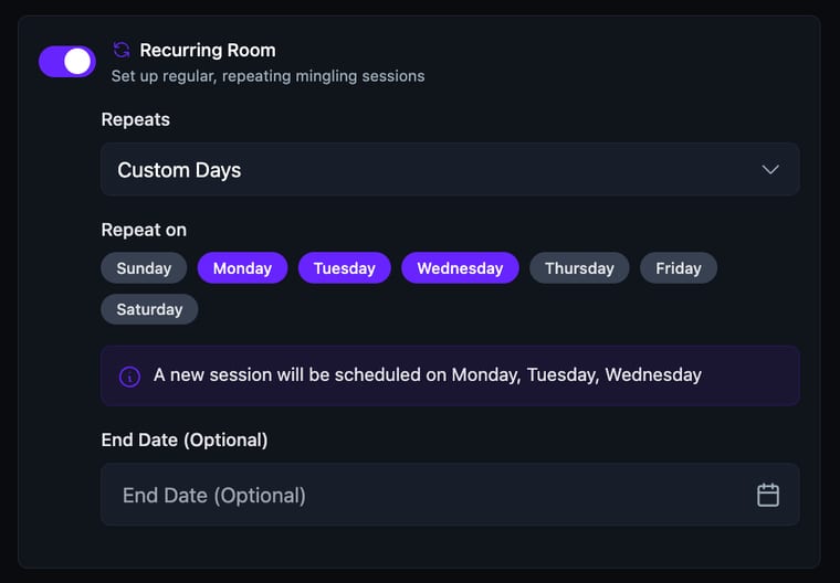 Custom Days selected with Repeat on day picker showing Monday, Tuesday, and Wednesday selected