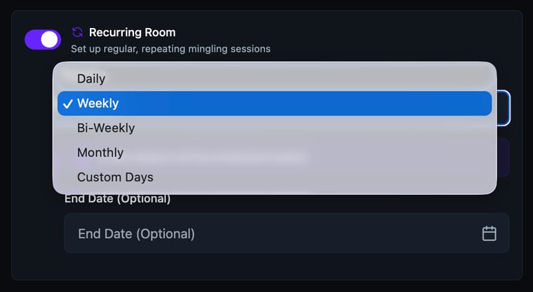 The Repeats dropdown expanded showing Daily, Weekly, Bi-Weekly, Monthly, and Custom Days options