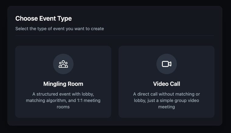 The Create New Room page showing two event types: Mingling Room with lobby and matching, and Video Call for simple group meetings
