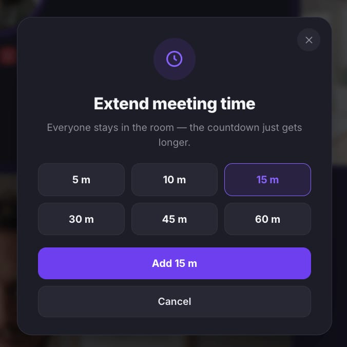 The Extend Meeting Time dialog showing duration options from 5 to 60 minutes