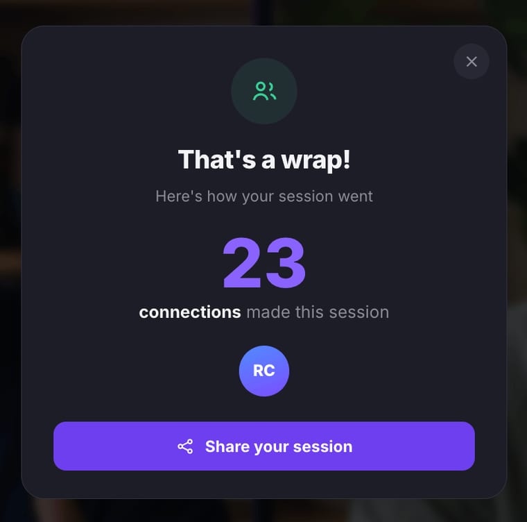 The session summary modal showing That's a wrap with the total number of connections made this session and a Back to room button