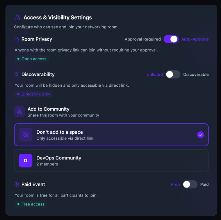 The Access and Visibility Settings section showing Room Privacy set to Auto-Approve, Discoverability set to Unlisted, Add to Community with a list of available communities, and Paid Event set to Free