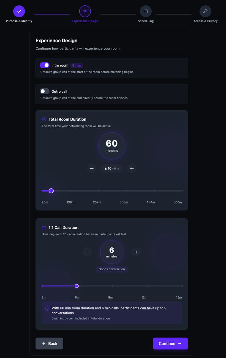 The Experience Design step showing intro room enabled, total room duration set to 60 minutes, and 1:1 call duration set to 6 minutes