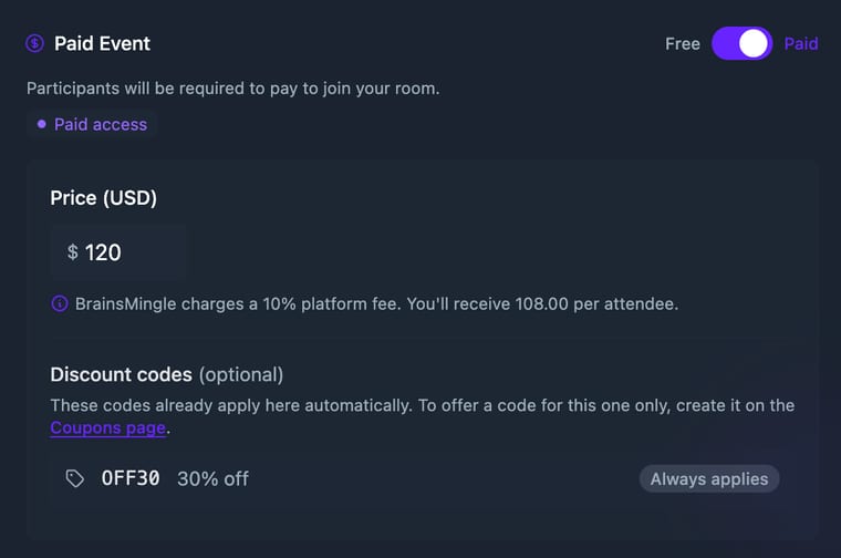 Paid Event with an active OFF30 discount code showing 30% off with an Always applies badge, and a link to the Coupons page to create additional codes