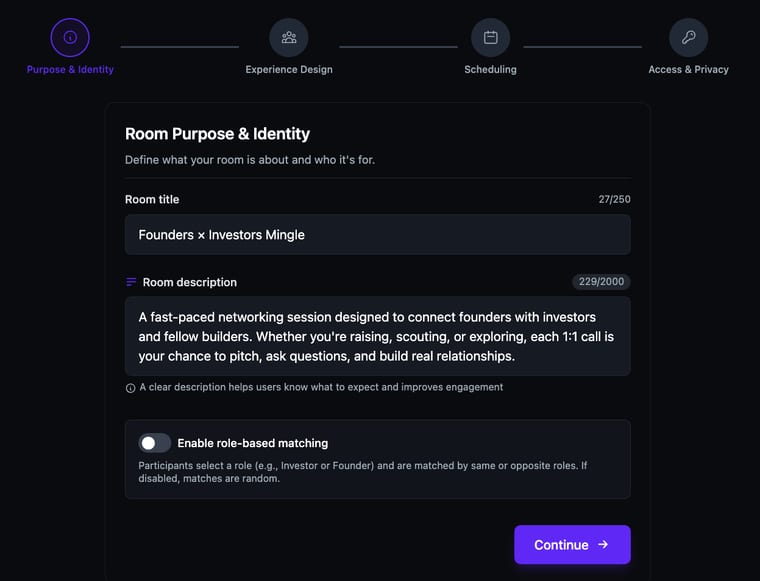 The Purpose and Identity step with room title and description filled in