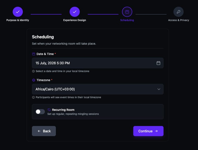 The Scheduling step with date, timezone, and recurring room toggle