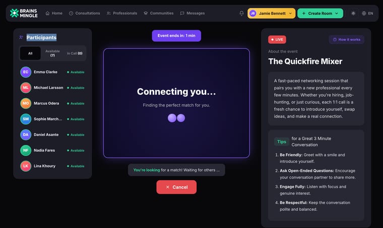 The matching screen showing a Connecting you animation with a Finding the perfect match message, the Participants sidebar with all participants marked Available, event info panel on the right, and a Cancel button at the bottom