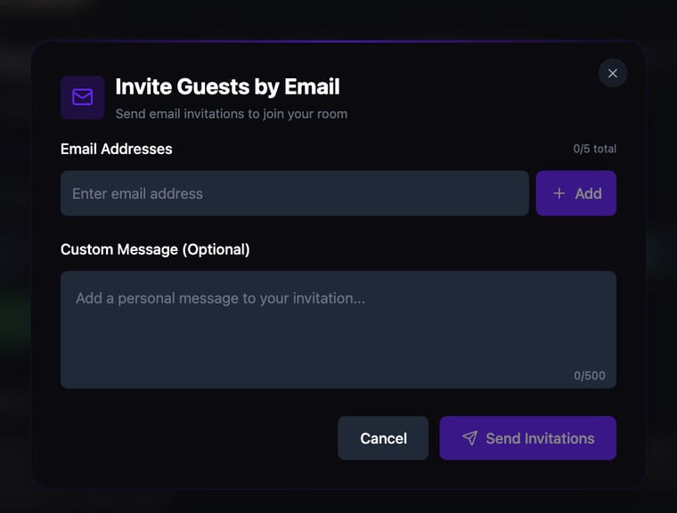 The Invite Guests by Email dialog showing an Email Addresses field with an Add button, a 0 of 5 total counter, a Custom Message field with a 0 of 500 character counter, and Cancel and Send Invitations buttons
