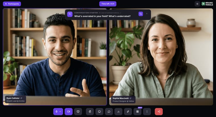 A live 1:1 speed networking match showing two participants side by side with name badges and job titles, a Conversation Starter prompt at the top with a refresh icon, a Time left countdown timer, and the video call toolbar at the bottom