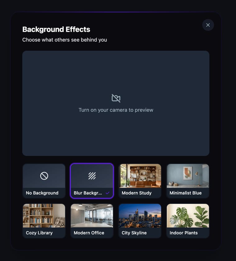 The Background Effects panel with blur selected and six virtual background options