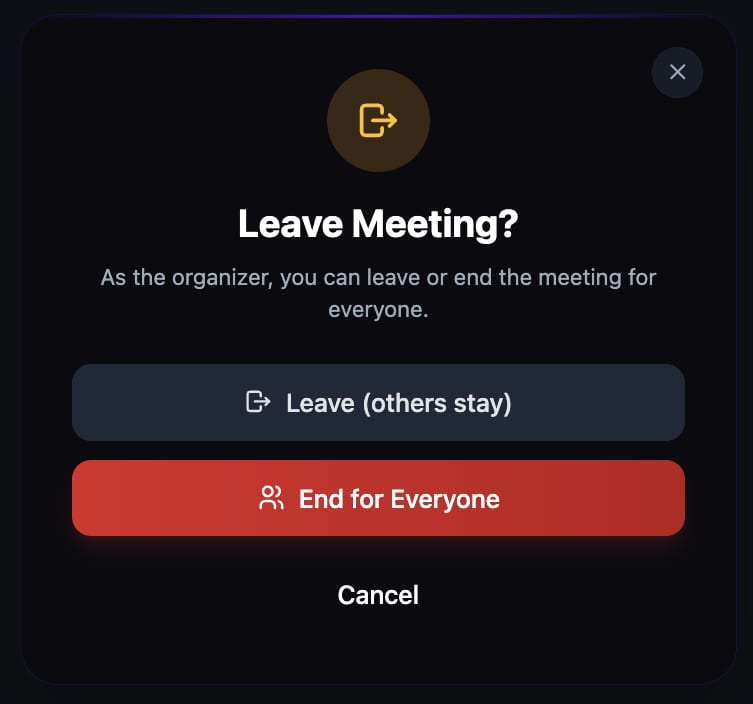 The Leave Meeting dialog showing Leave (others stay) and End for Everyone options