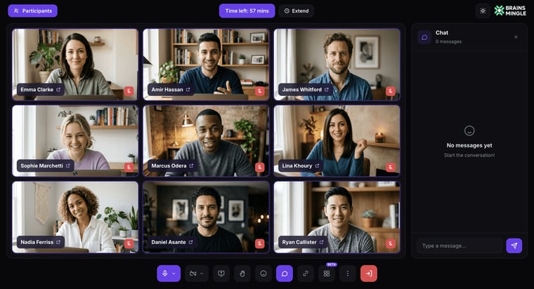 Full session view with 9 participants in a grid, timer, and chat panel open