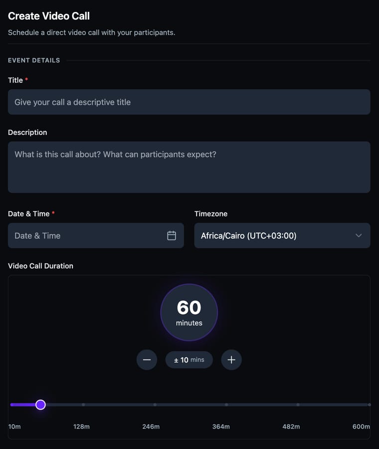 The Create Video Call form showing Title, Description, Date and Time with timezone dropdown, and Video Call Duration slider