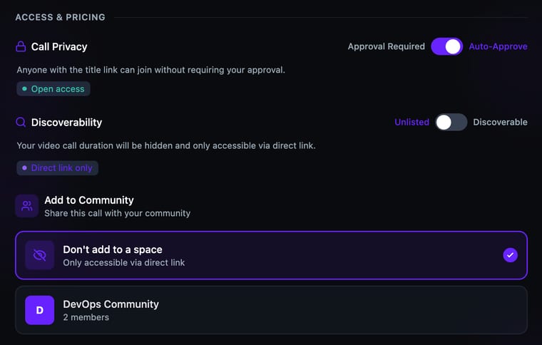 The Add to Community option showing Don't add to a space selected with a checkmark, and a DevOps Community with 2 members listed below as an available option