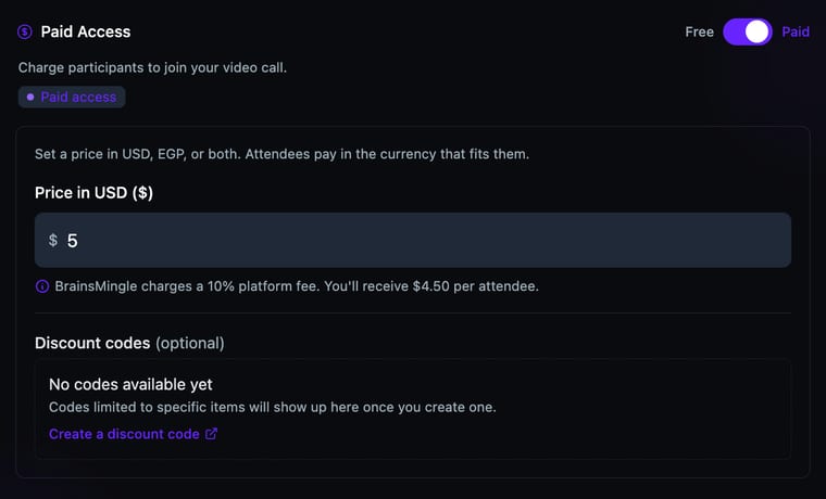 Paid Access toggled to Paid showing a price field in USD with the 10% platform fee note and net payout amount per attendee