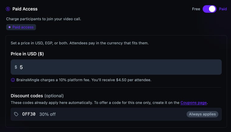 Paid Access with an active discount code showing its discount percentage and an Always applies badge, with a link to the Coupons page to create additional codes