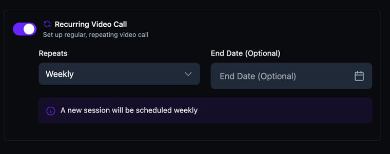 Recurring Video Call enabled showing a Repeats dropdown set to Weekly and an optional End Date field