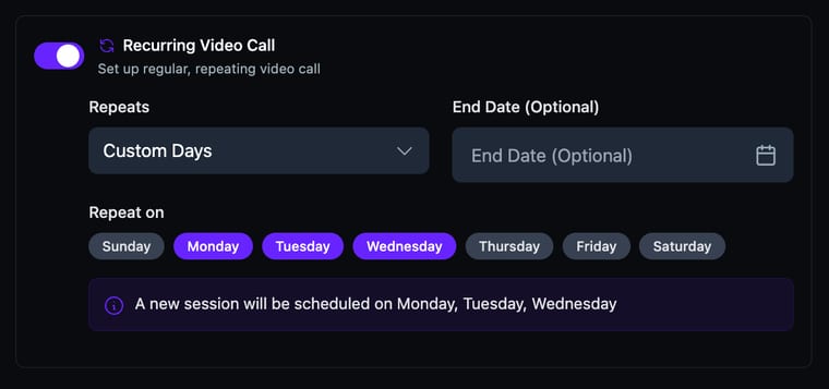 Custom Days selected with the Repeat on day picker showing specific days checked and a confirmation message of the repeat schedule