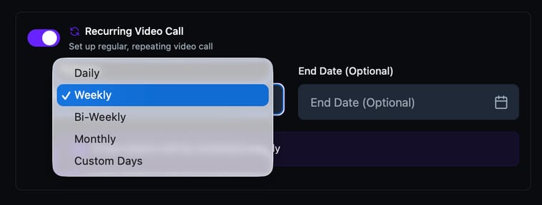 The Repeats dropdown expanded showing Daily, Weekly, Bi-Weekly, Monthly, and Custom Days options