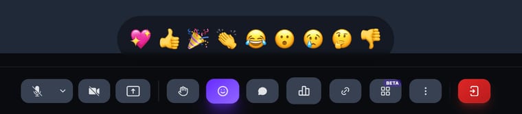 The Reactions panel open above the toolbar showing nine emoji options
