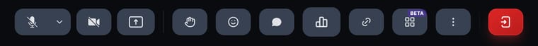 The call toolbar showing Microphone with dropdown, Camera, Screen Share, Raise Hand, Reactions, Chat, Polls, Copy Event Link, Breakout Rooms with Beta badge, More options, and Leave button in red