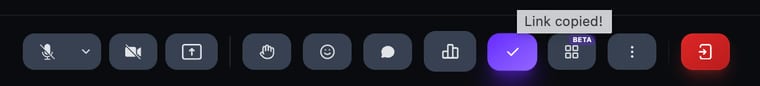 The call toolbar showing a Link copied! tooltip and a checkmark on the link button