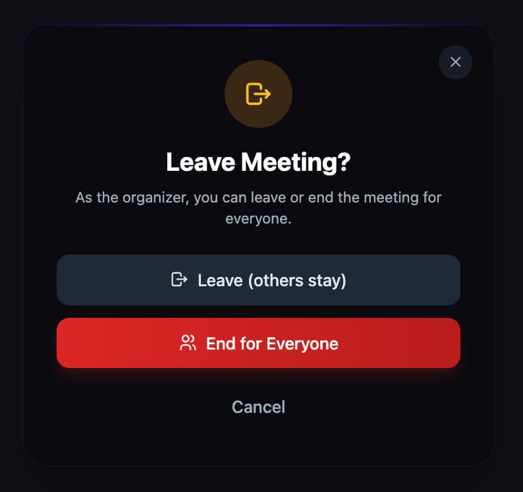 The Leave Meeting dialog showing Leave (others stay) and End for Everyone options