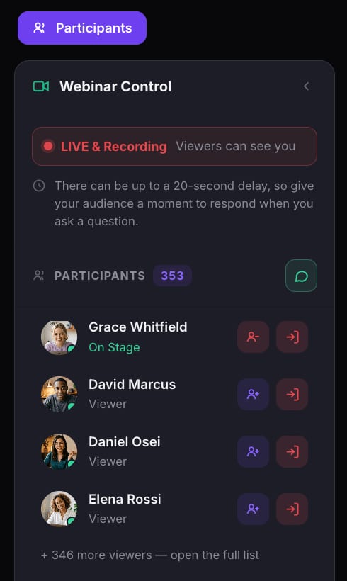 The Webinar Control panel during a live session, showing LIVE and Recording status, the 20-second delay note, a participant count of 353, four people listed with their stage status and action buttons, and a link to open the full viewer list