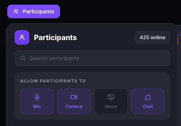The Participants panel opened from the top-left button, showing 425 online, a search field, and the Allow Participants To controls with Mic, Camera and Chat enabled in purple and Share disabled with a crossed-out icon