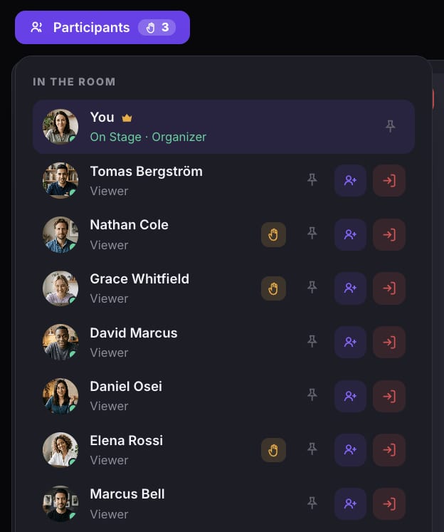 The In the Room list in the Participants panel with a raised-hand badge showing 3 on the Participants button, and amber hand icons beside Nathan Cole, Grace Whitfield and Elena Rossi