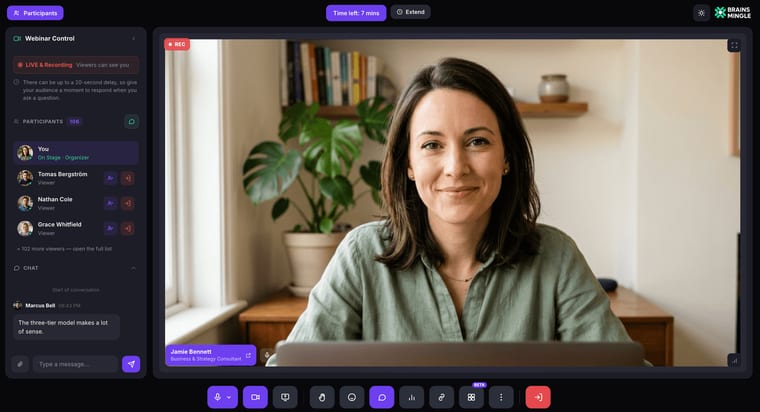 A live webinar in progress: the Webinar Control panel shows LIVE and Recording with the 20-second delay note, 106 participants are listed with invite-to-stage and kick-out actions, a chat message is visible, and the speaker fills the stage with a REC badge and her name card