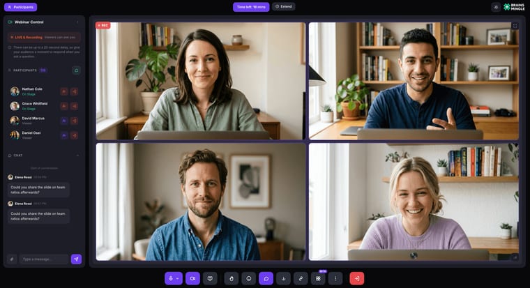A live webinar with four speakers on stage in a 2x2 grid. The Webinar Control panel shows LIVE and Recording, 118 participants, two people labelled On Stage with remove-from-stage buttons and two labelled Viewer with invite-to-stage buttons, and audience messages in chat