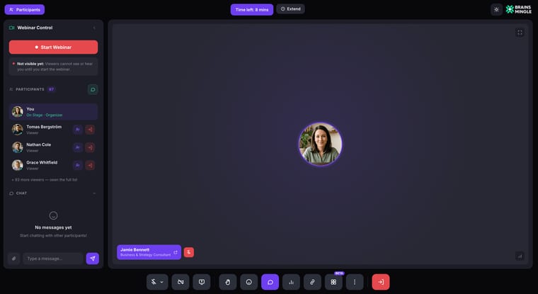 The Webinar Control panel before starting, showing Start Webinar button and a notice that viewers cannot see or hear you yet